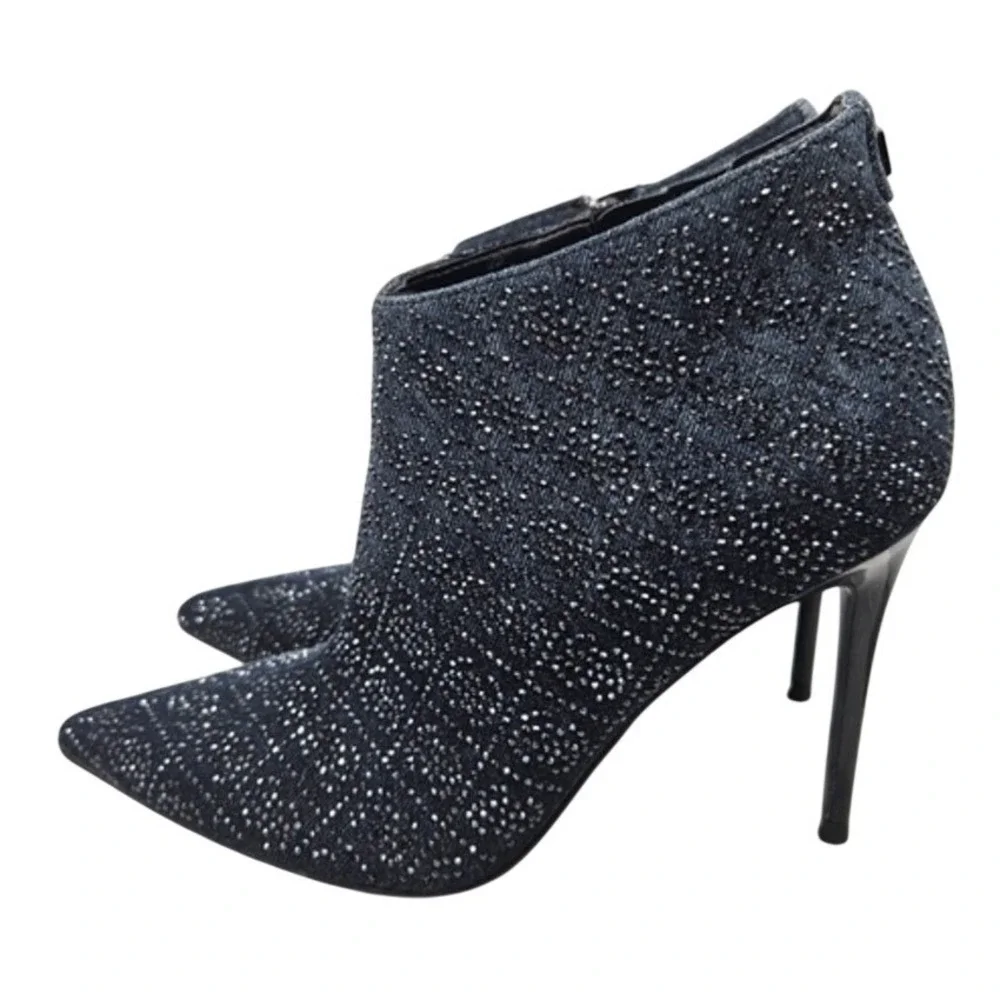GUESS‎ Womens Dark Blue Denim Rhinestone Pointed Toe Stiletto Ankle Boots Zip